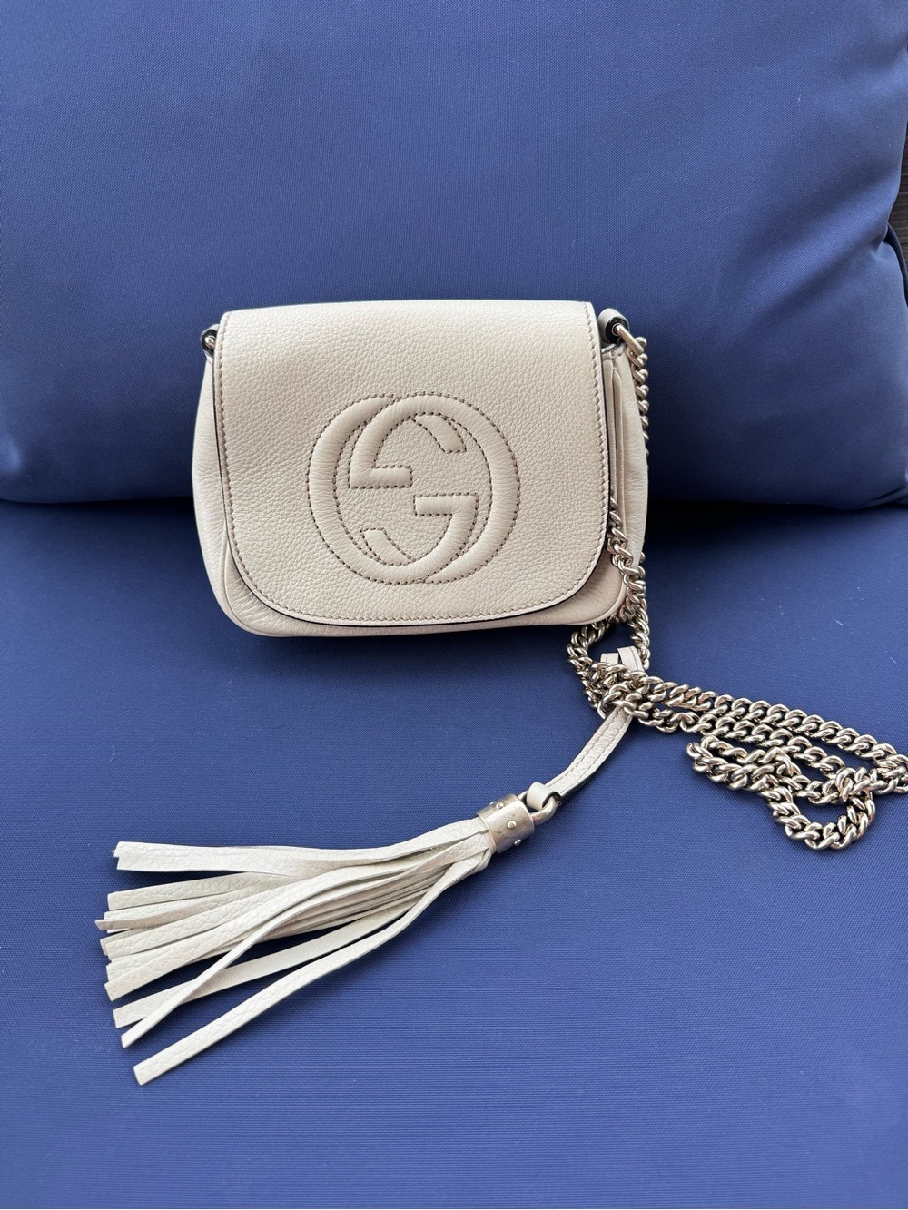Gucci Beige Pebbled Leather Crossbody with Tassel and Chain